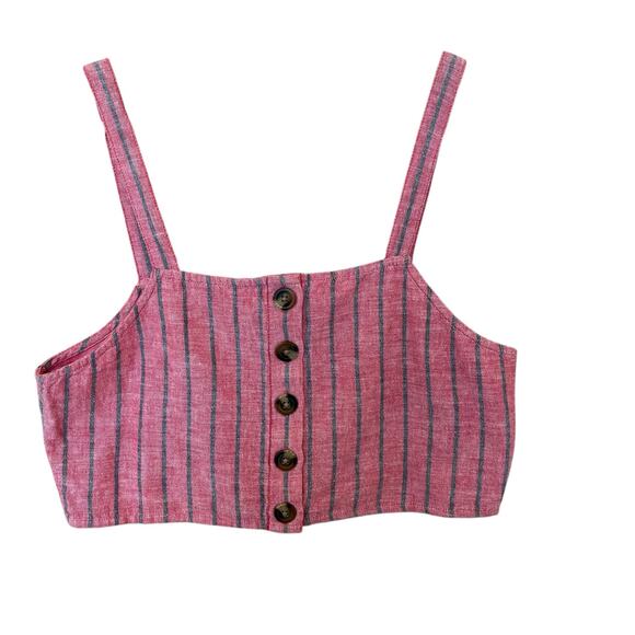 American Eagle Crop Top Sz Medium Washed Red Black Stripe Cotton Linen Smocked - Picture 1 of 9